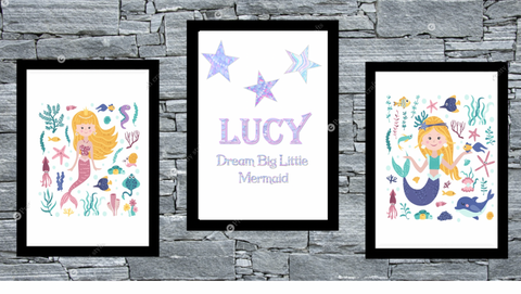 Personalised Name Mermaid prints - Set of 3